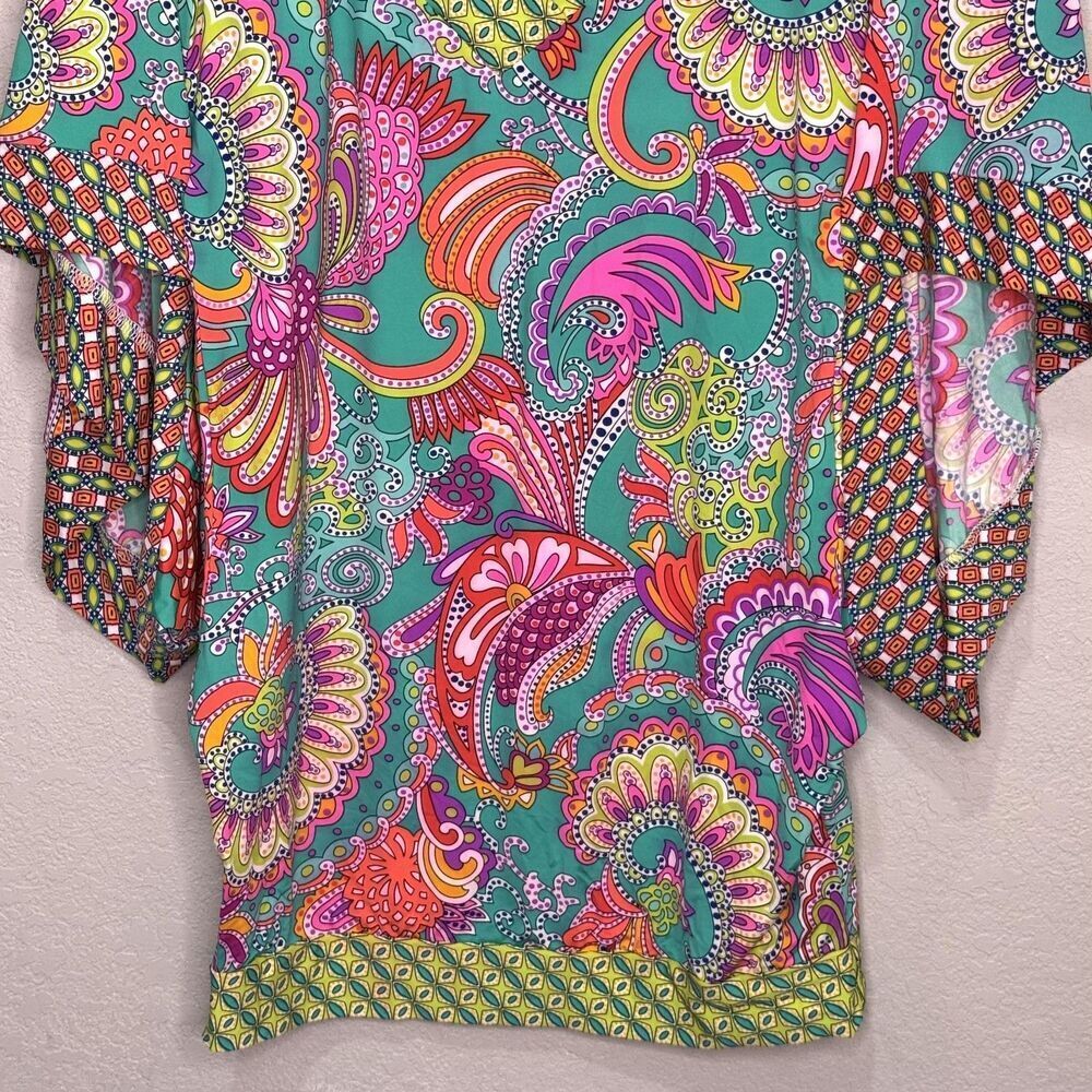 Trina Turk Tunic Top Womens Medium Multicolor Paisley Kimono Sleeve Boho V Neck - Picture 6 of 8